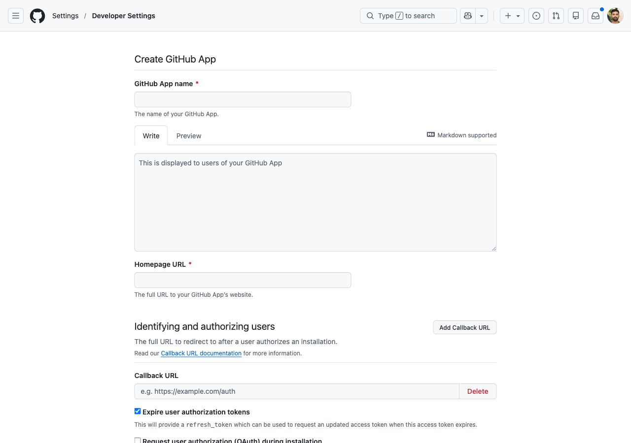 New GitHub App page