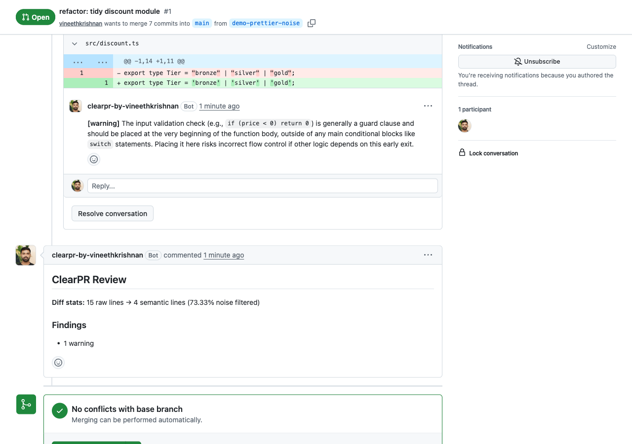 ClearPR review on the demo PR