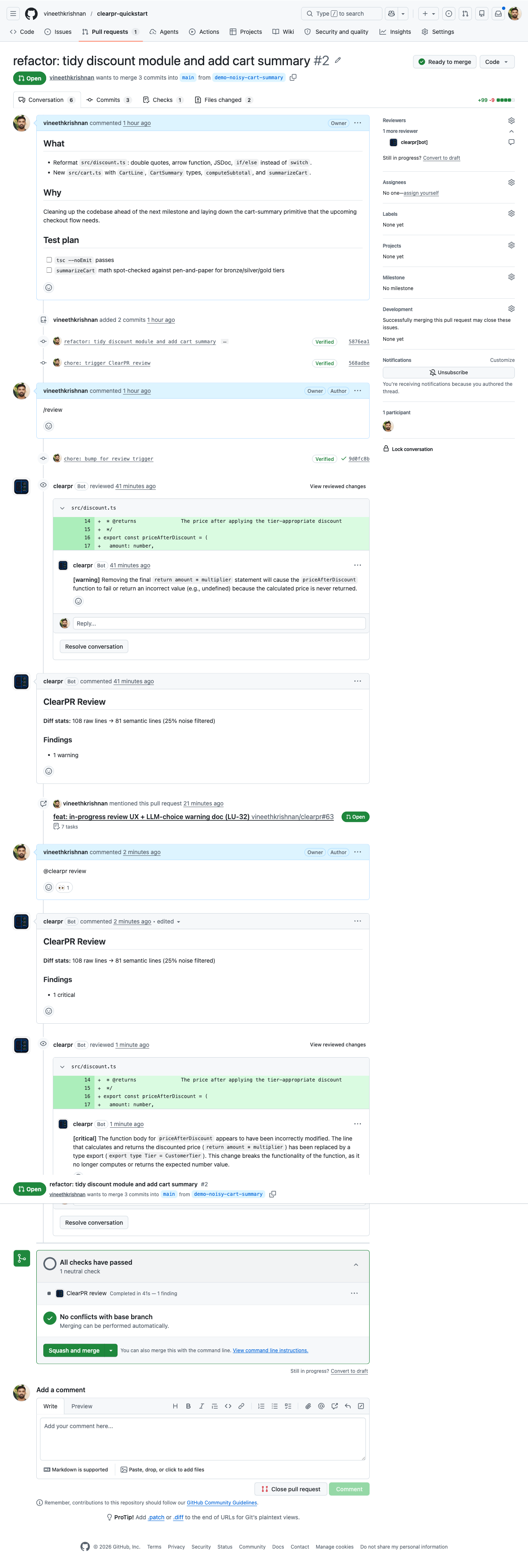 Full PR view showing the eyes reaction, edited summary comment, and ClearPR review check